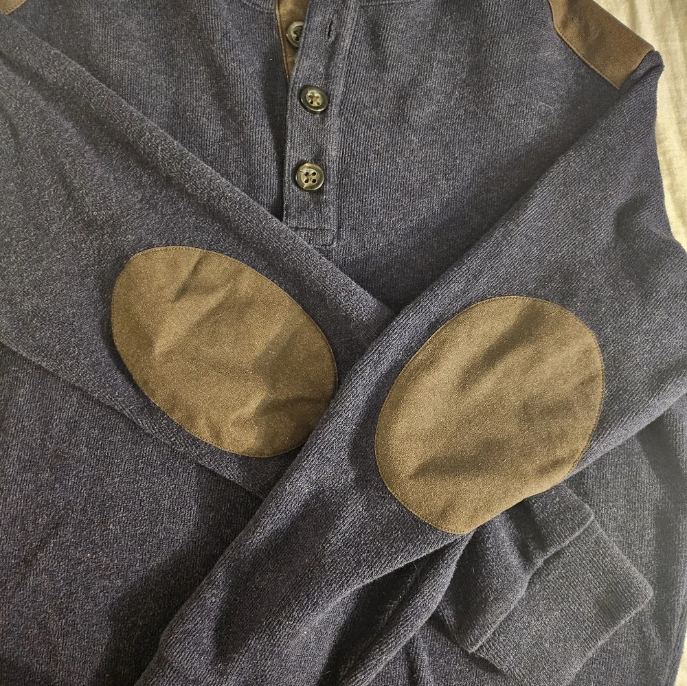 Cremieux Men's Blue 1/4 Button‎ Mock Neck shoulder Patch Pullover Sweater M